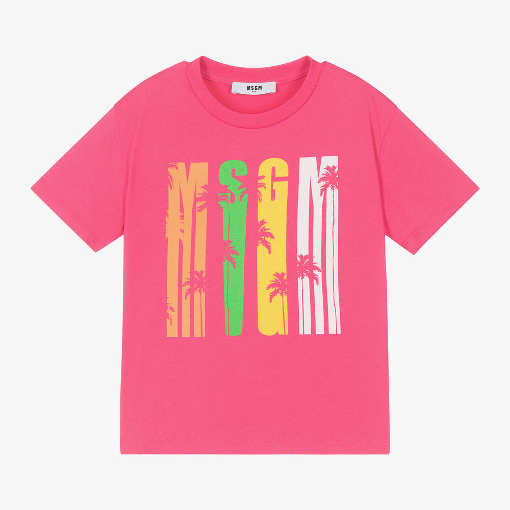 MSGM - Girls Pink Cotton Palm Tree T-Shirt | Childrensalon