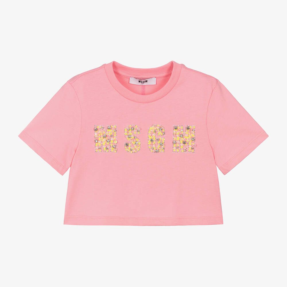 MSGM - Girls Pink Cropped Cotton T-Shirt | Childrensalon