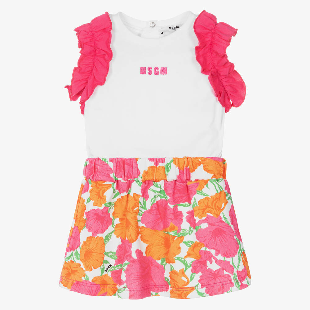 MSGM - Girls Pink Floral Cotton Skirt Set | Childrensalon