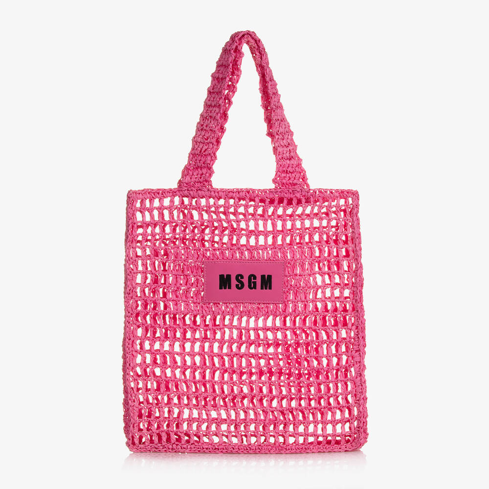 Shop Msgm Girls Pink Raffia Tote Bag (37cm)