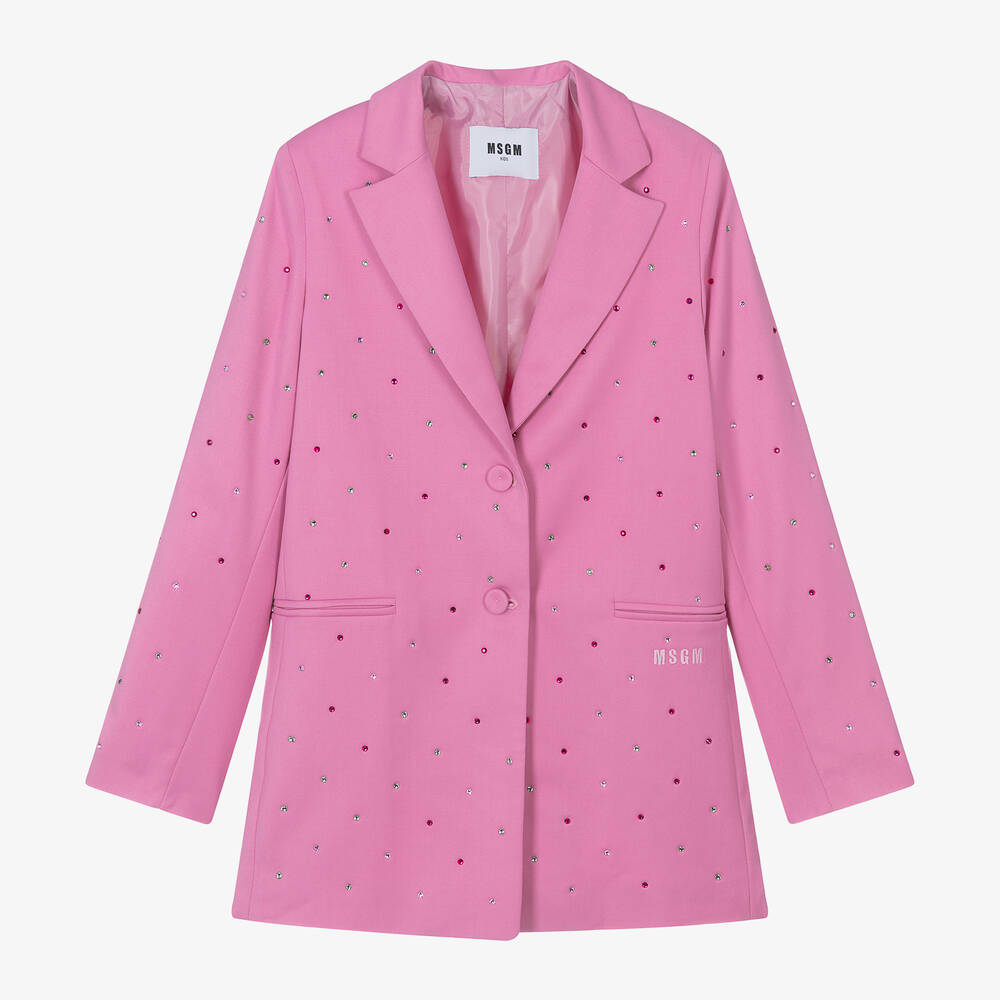 MSGM - Girls Pink Viscose Rhinestone Blazer | Childrensalon