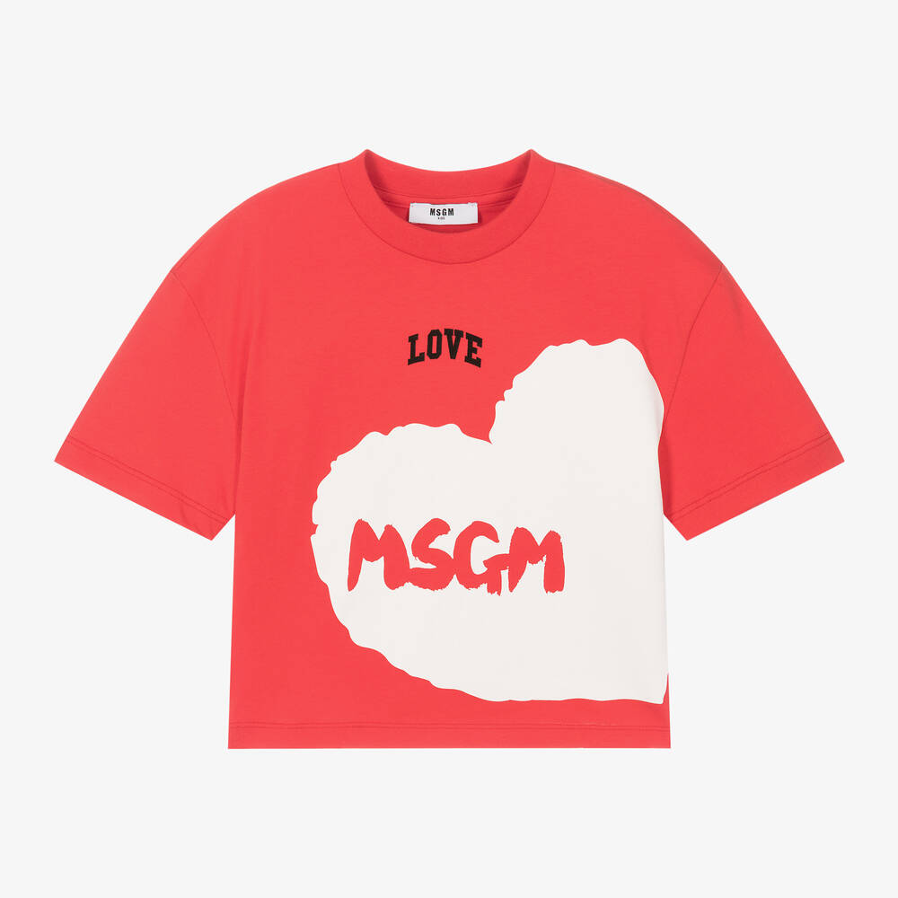 MSGM - Girls Red Heart Print Cotton T-Shirt | Childrensalon