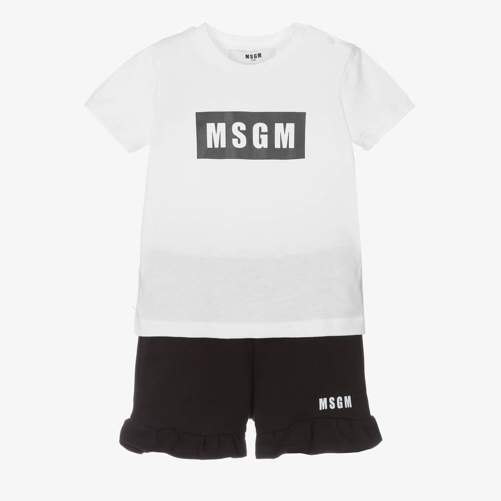 MSGM - Girls White & Black Cotton Shorts Set | Childrensalon