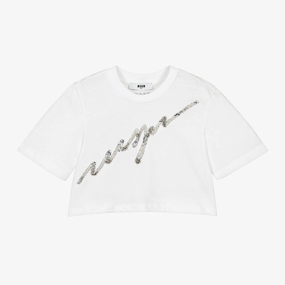 MSGM - Girls White Cotton Diamanté T-Shirt | Childrensalon