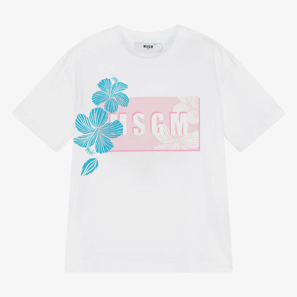 MSGM - T-shirt blanc en coton à fleurs fille | Childrensalon
