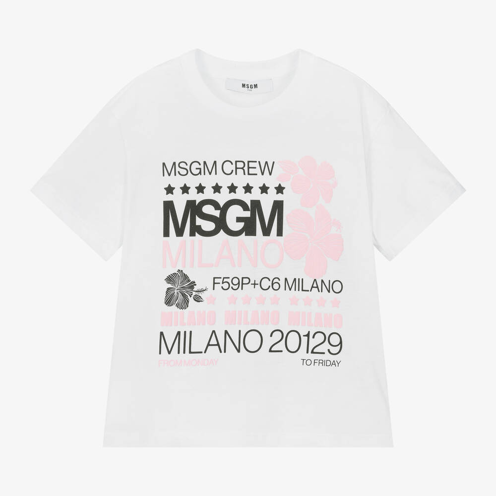 MSGM - T-shirt blanc en coton à motif fille | Childrensalon