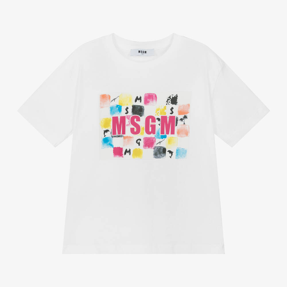 MSGM - Белая хлопковая футболка с разноцветными клетками для девочек | Childrensalon