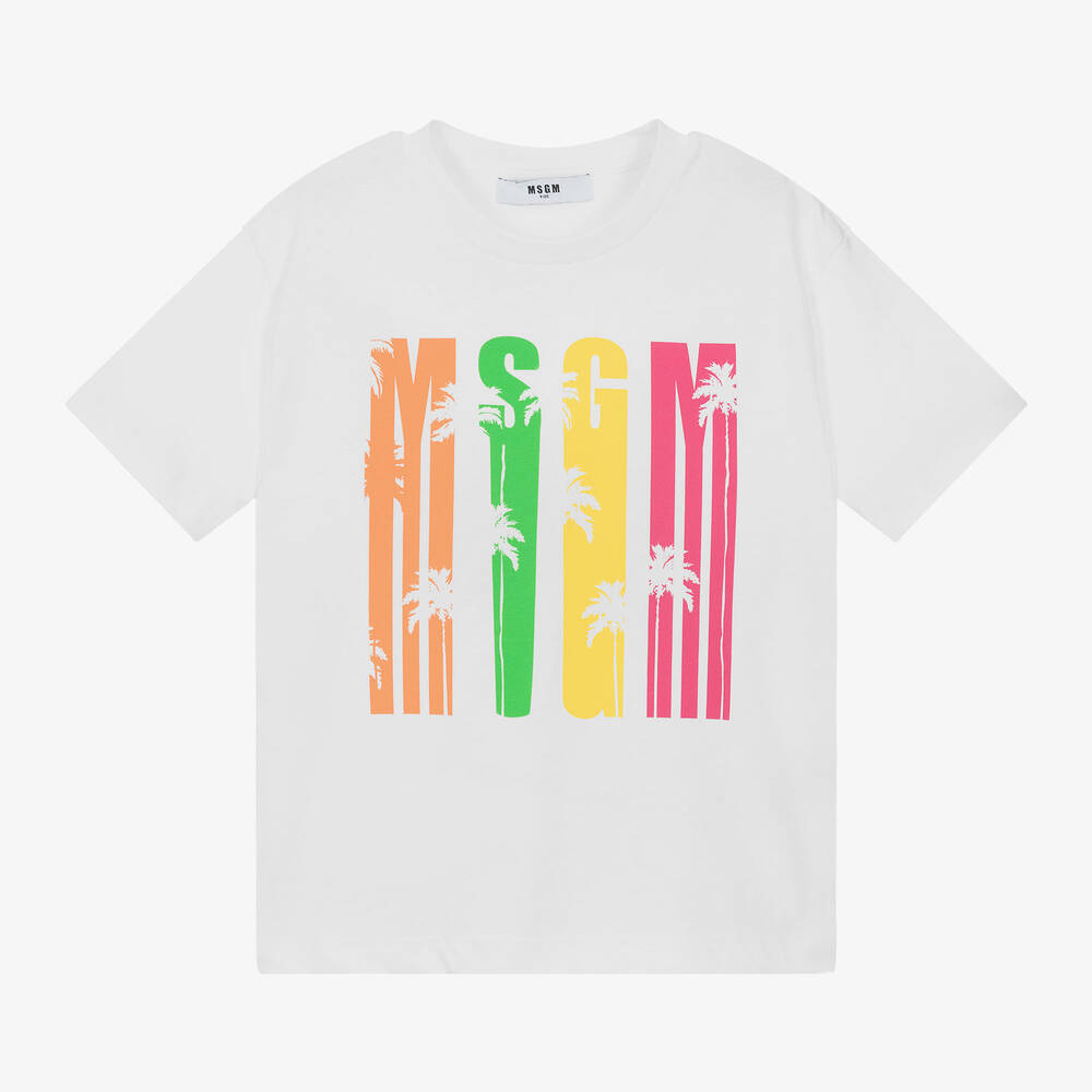 MSGM - Girls White Cotton Palm Tree T-Shirt | Childrensalon