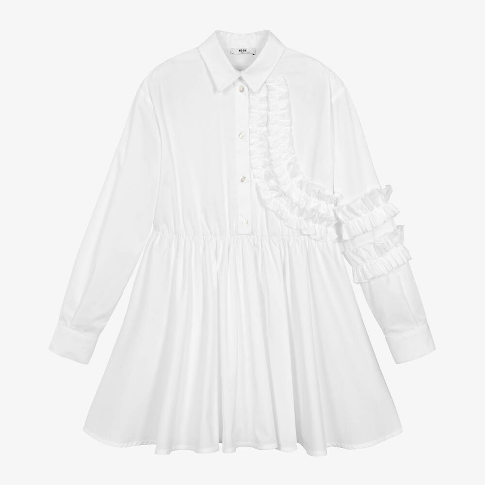 MSGM - Girls White Cotton Ruffle Shirt Dress | Childrensalon