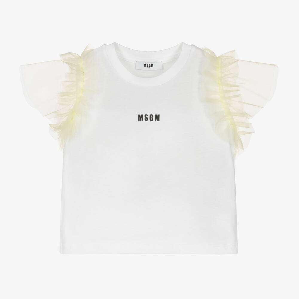 MSGM - Girls White Cotton & Tulle Sleeve T-Shirt | Childrensalon