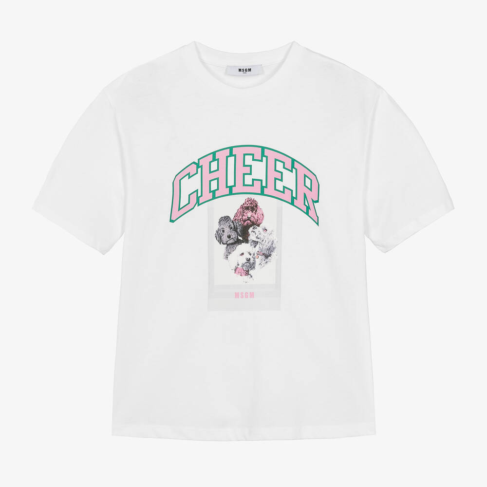 MSGM - Girls White Cotton Varsity Dog T-Shirt | Childrensalon