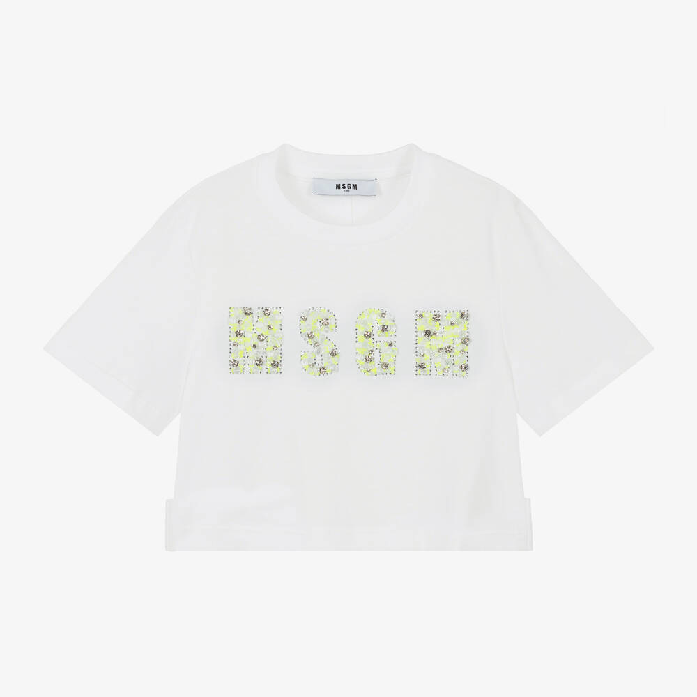 MSGM - Girls White Cropped Cotton T-Shirt | Childrensalon