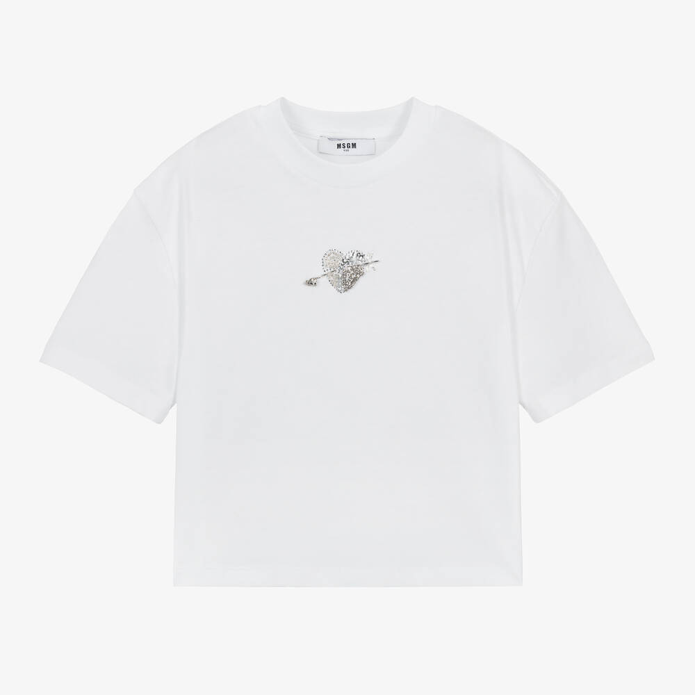 MSGM - Girls White Diamanté Heart T-Shirt | Childrensalon