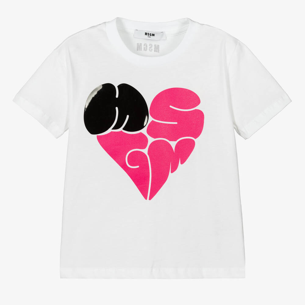 MSGM - Girls White Heart Logo T-Shirt | Childrensalon