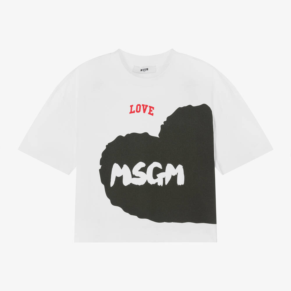 MSGM - Girls White Heart Print Cotton T-Shirt | Childrensalon
