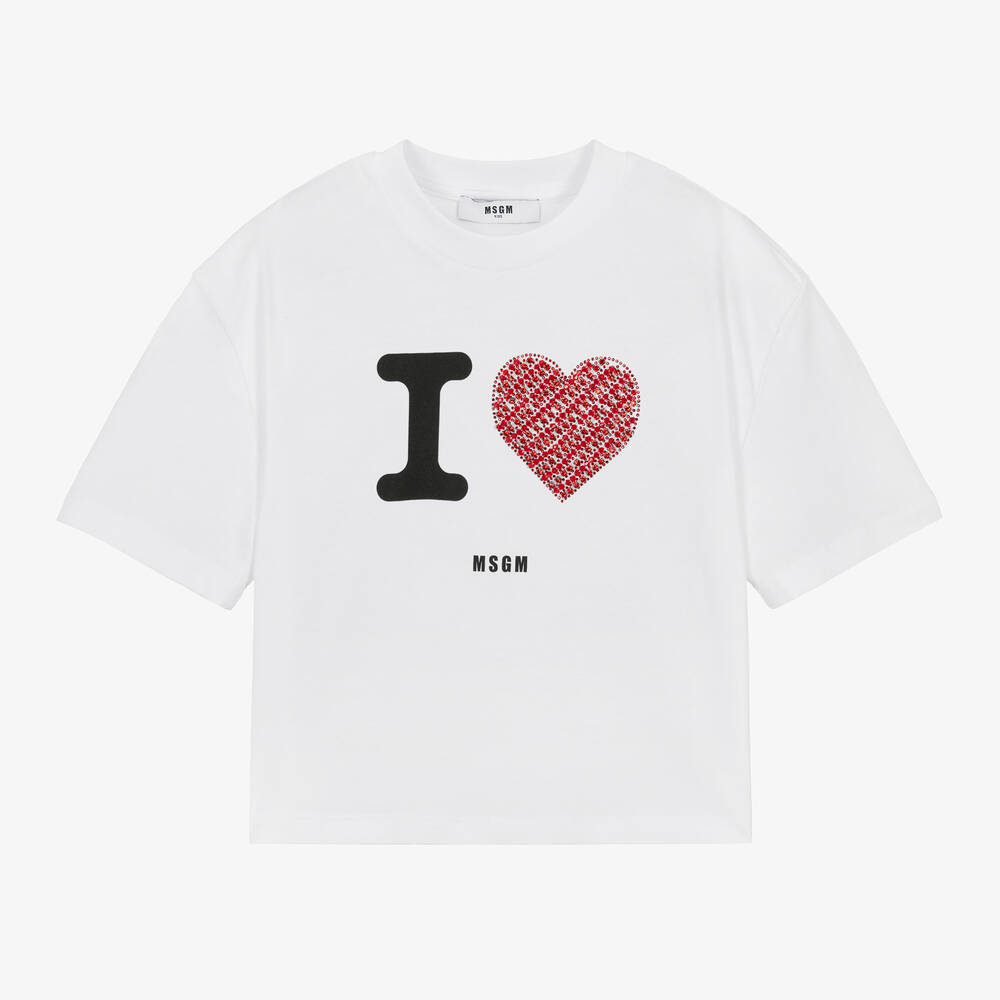 MSGM - Girls White 'I Love MSGM' Cotton T-Shirt | Childrensalon