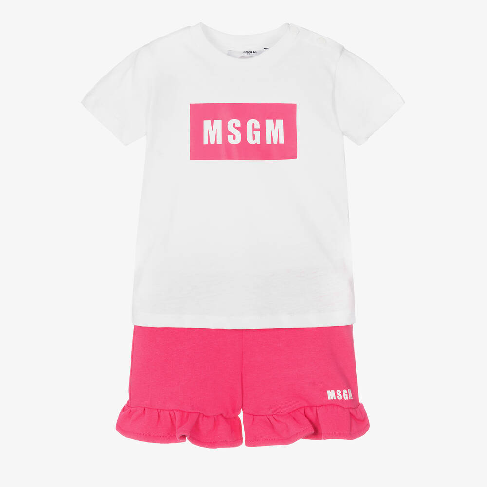 MSGM - Girls White & Pink Cotton Shorts Set | Childrensalon