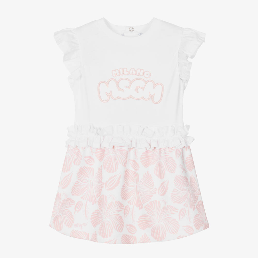 MSGM - Girls White & Pink Floral Cotton Dress | Childrensalon