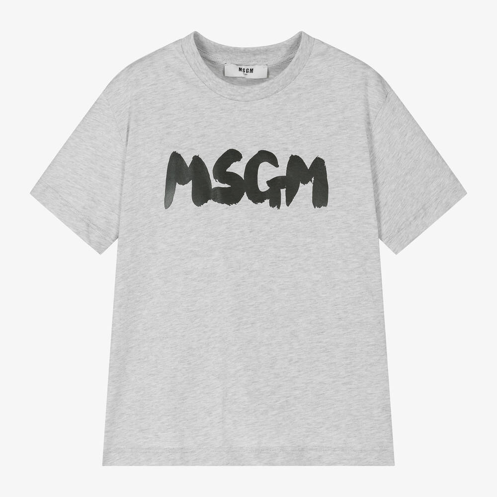 MSGM - Grey Cotton Brushstroke Logo T-Shirt | Childrensalon