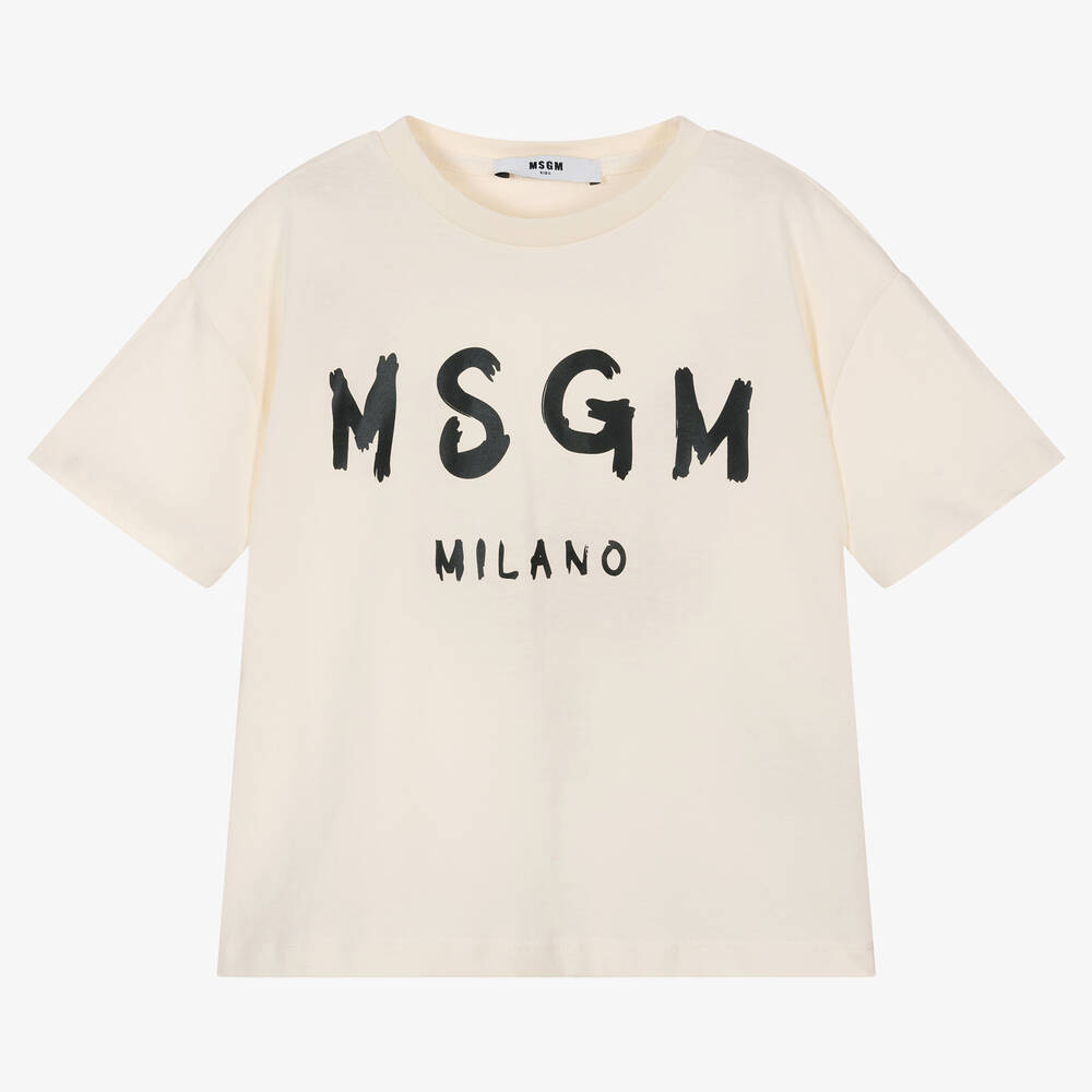 MSGM - Ivory Cotton Crew Neck T-Shirt | Childrensalon