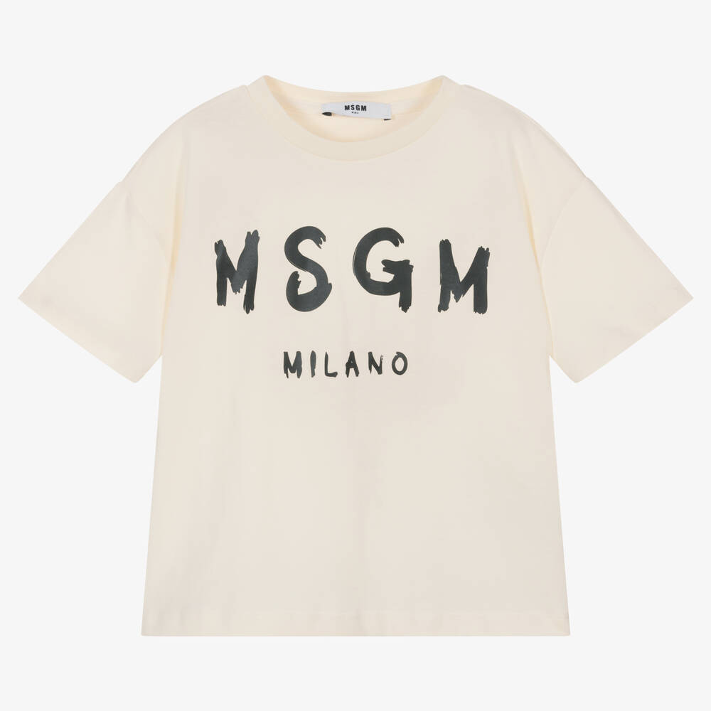 MSGM - Ivory Cotton Crew Neck T-Shirt | Childrensalon