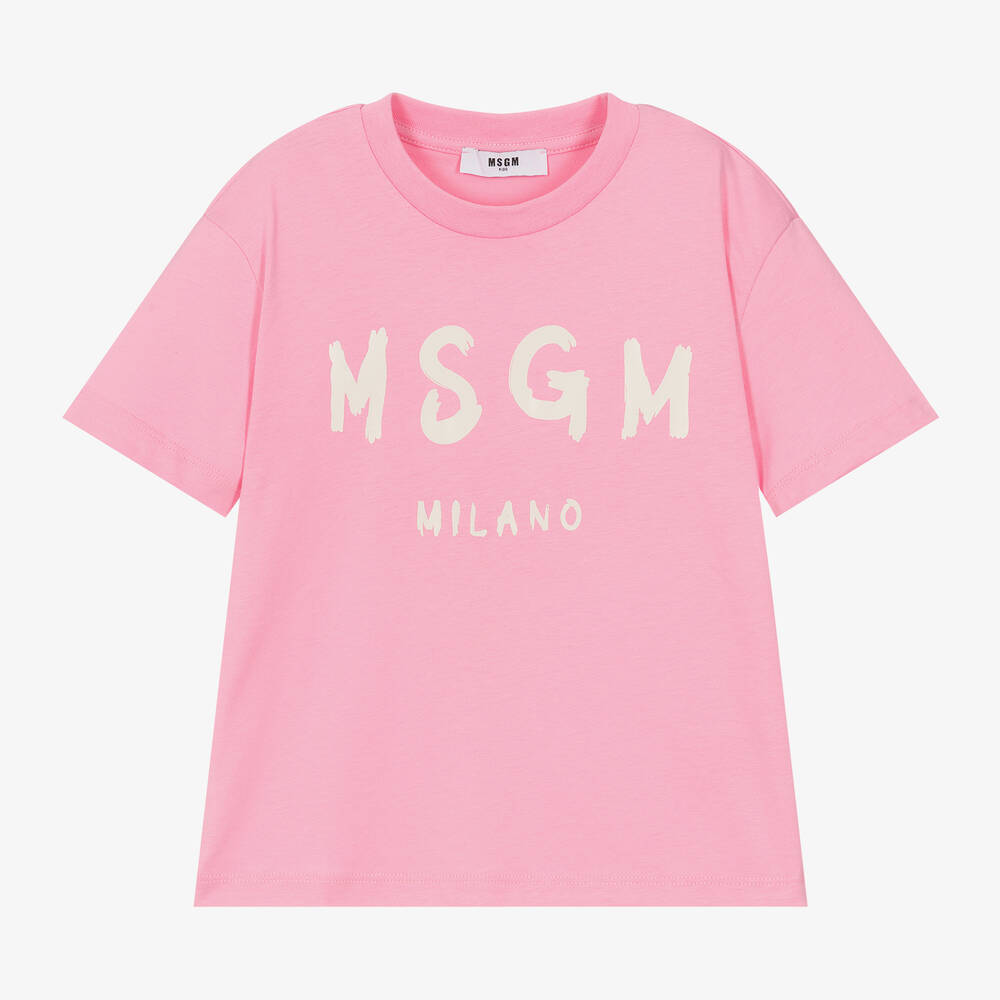 MSGM - Pink Cotton Brushed Logo T-Shirt | Childrensalon