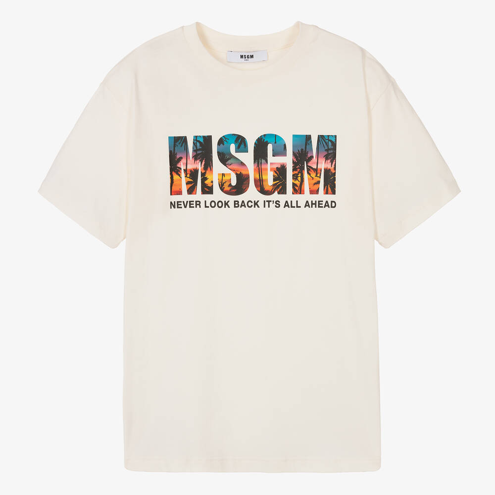 MSGM - Кремовая футболка с надписью для мальчиков-подростков | Childrensalon