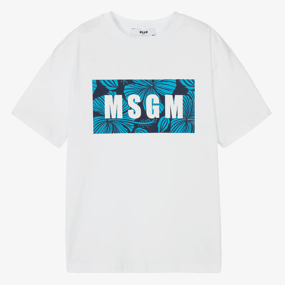 MSGM - Бело-голубая футболка из хлопка для мальчиков-подростков | Childrensalon