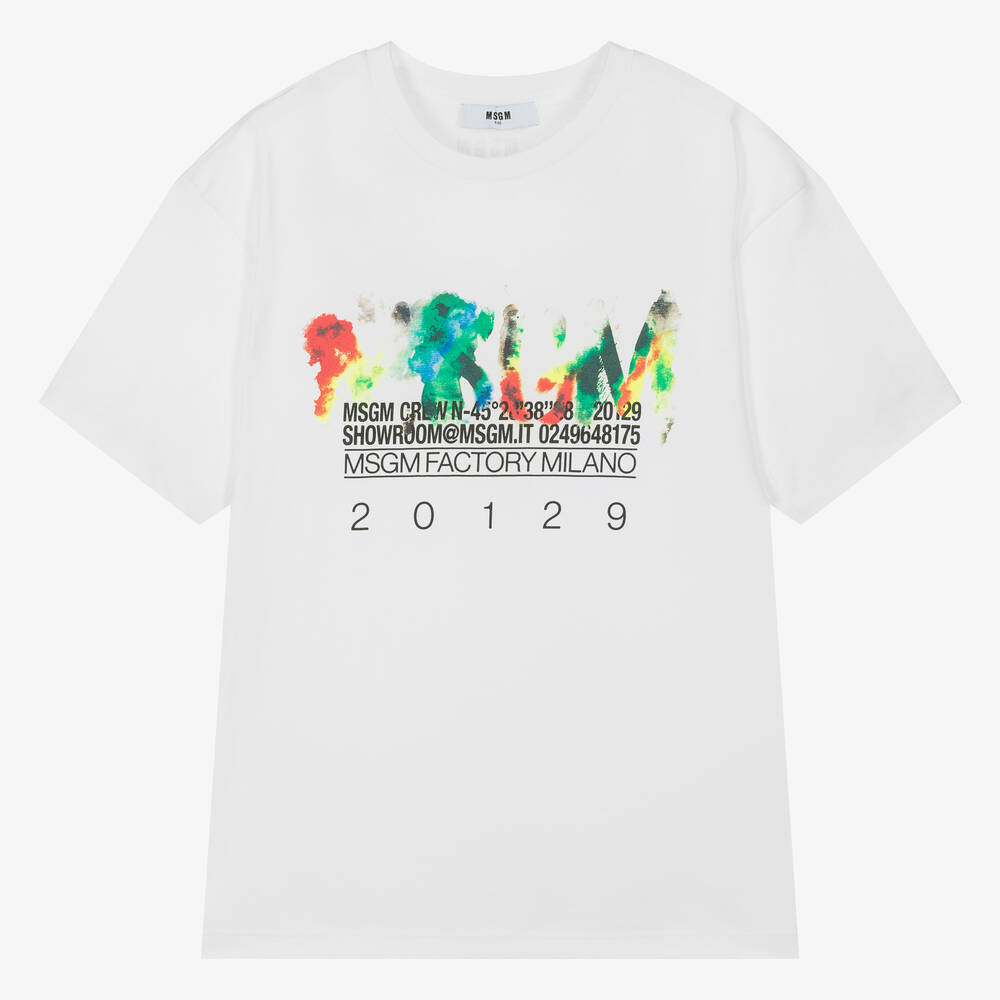 MSGM - Teen Boys White Cotton Paint T-Shirt | Childrensalon
