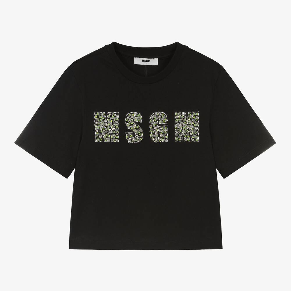 MSGM - Teen Girls Black Cropped Cotton T-Shirt | Childrensalon