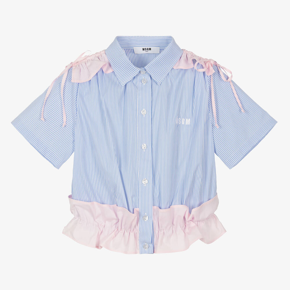 MSGM - Teen Girls Blue Striped Cotton Blouse | Childrensalon