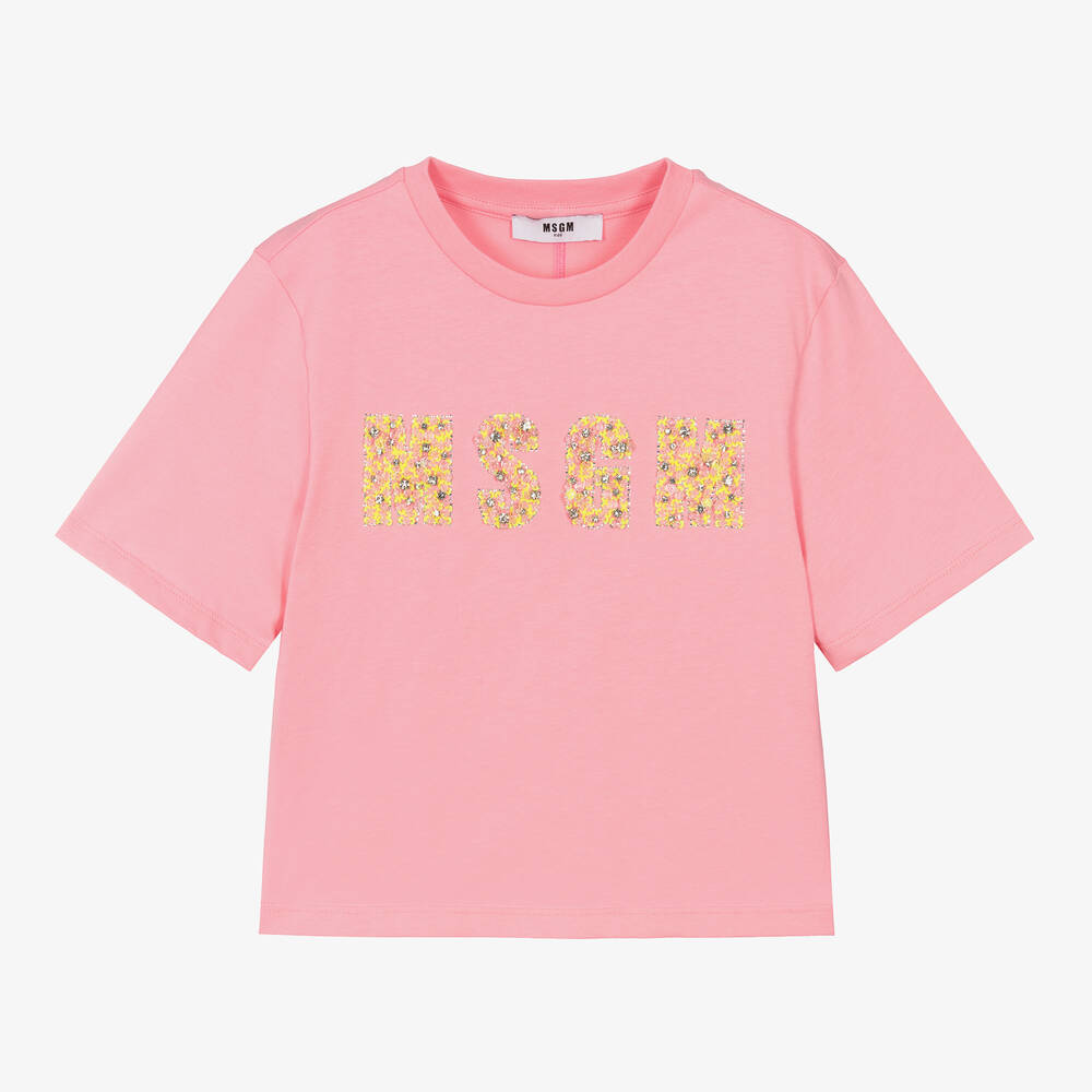 MSGM - Розовая укороченная футболка из хлопка для девочек-подростков  | Childrensalon