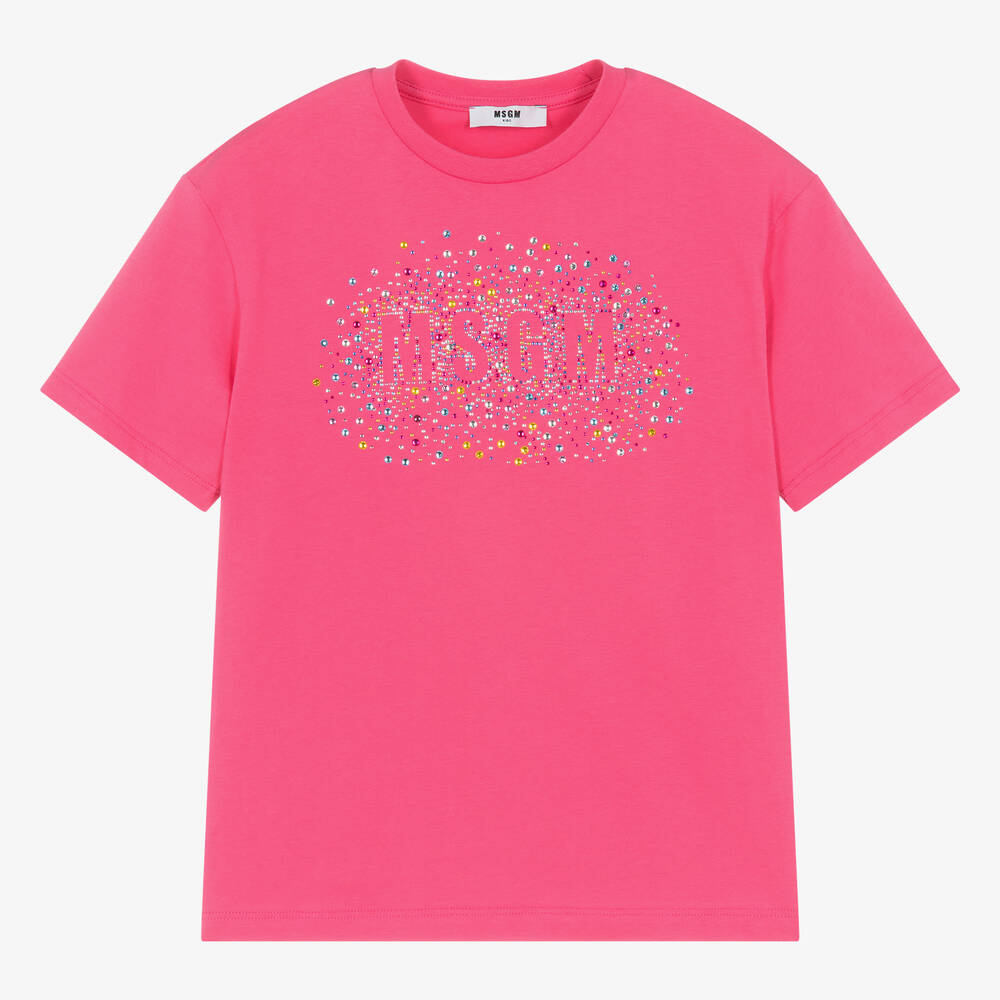 MSGM - Розовая футболка со стразами для девочек-подростков | Childrensalon