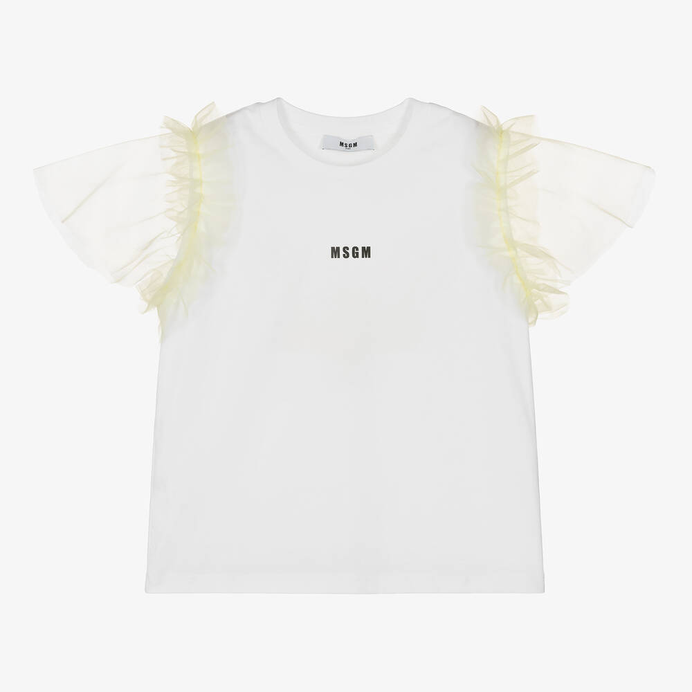 MSGM - Teen Girls White Cotton & Tulle T-Shirt | Childrensalon