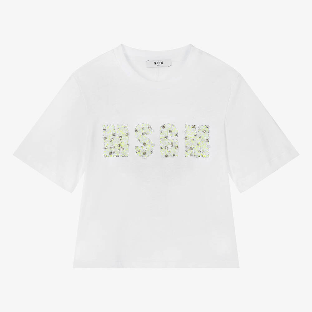 MSGM - Teen Girls White Cropped Cotton T-Shirt | Childrensalon