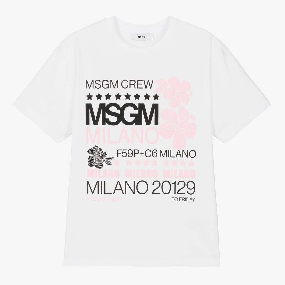 Msgm Teen Girls White Graphic Cotton T-shirt