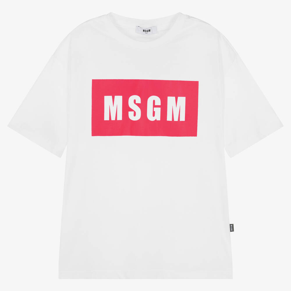 MSGM - Teen Girls White & Pink Cotton Logo T-Shirt | Childrensalon