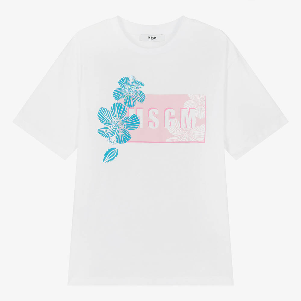 MSGM - T-shirt blanc et rose en coton ado | Childrensalon