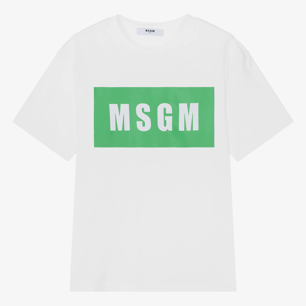 MSGM - تيشيرت قطن لون أبيض وأخضر | Childrensalon