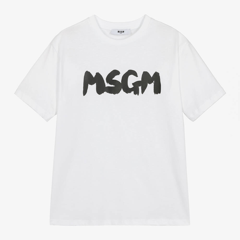 MSGM - White Cotton Brushstroke Logo T-Shirt | Childrensalon