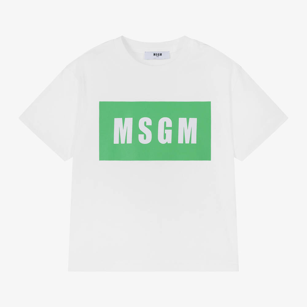 MSGM - White & Green Cotton T-Shirt | Childrensalon