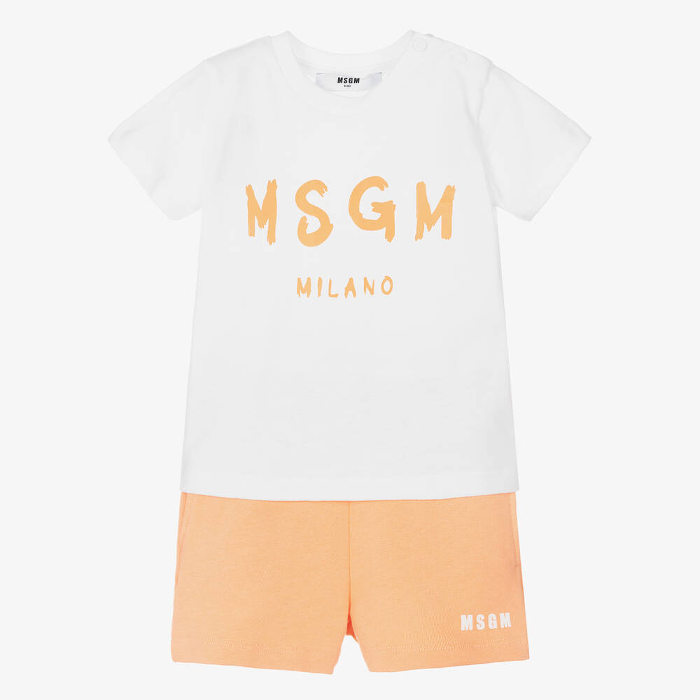 MSGM - طقم شورت قطن جيرسي لون برتقالي فاتح وأبيض | Childrensalon