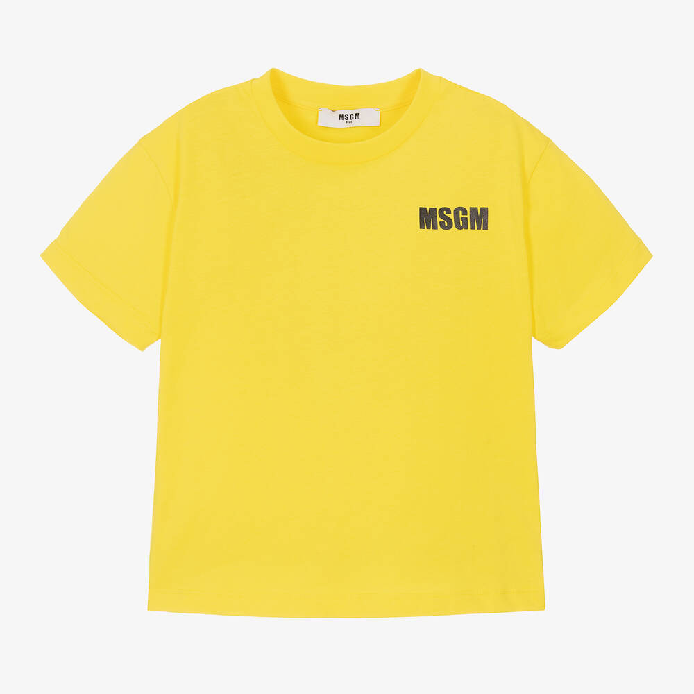 MSGM - Yellow Slogan Print Cotton T-Shirt | Childrensalon