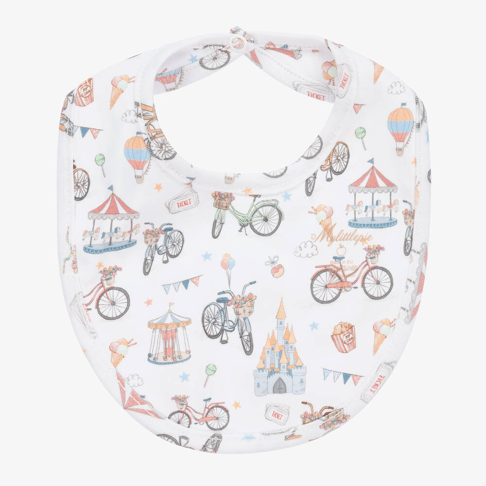 My Little Pie - White Cotton Bicycle Print Baby Bib | Childrensalon