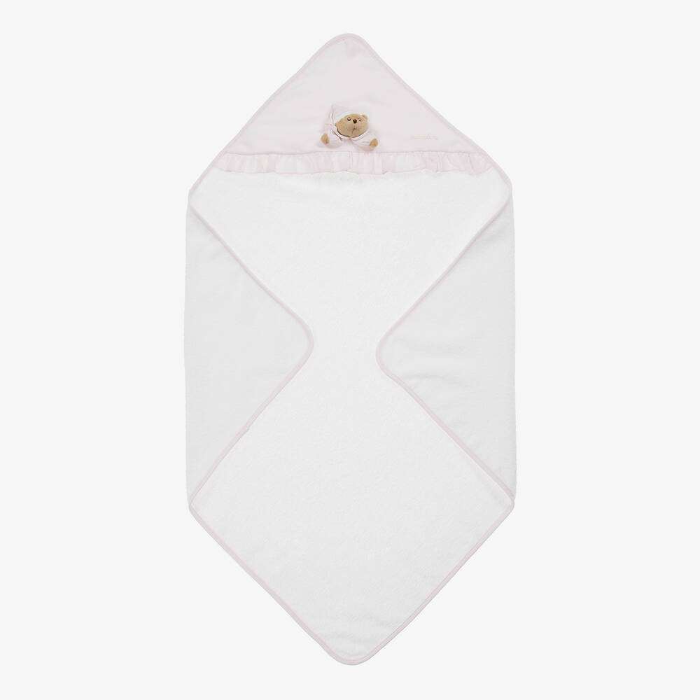 Nanán - White & Pink Hooded Baby Towel (74cm) | Childrensalon