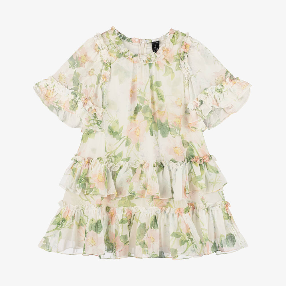 Needle & Thread - Girls Ivory & Green Floral Chiffon Dress | Childrensalon