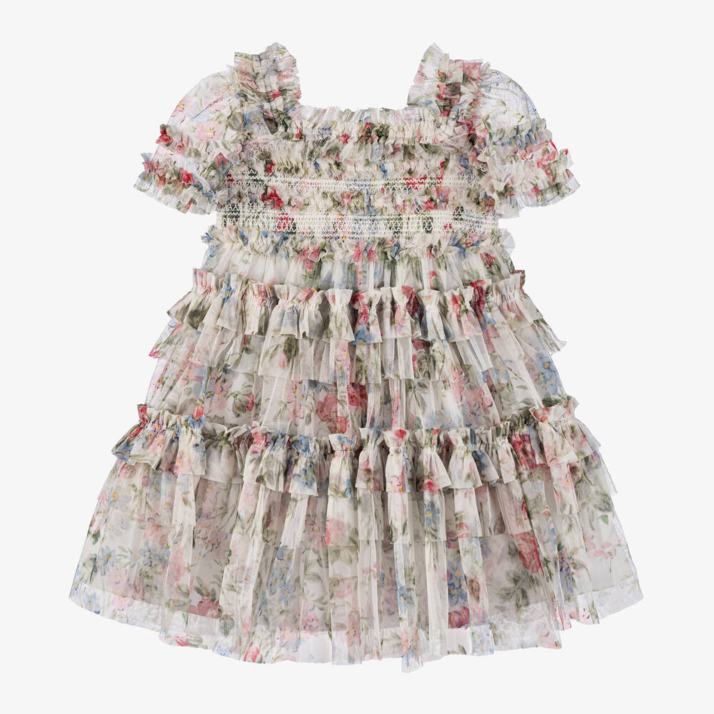 Shop Needle & Thread Girls Pink & Green Floral Tulle Dress
