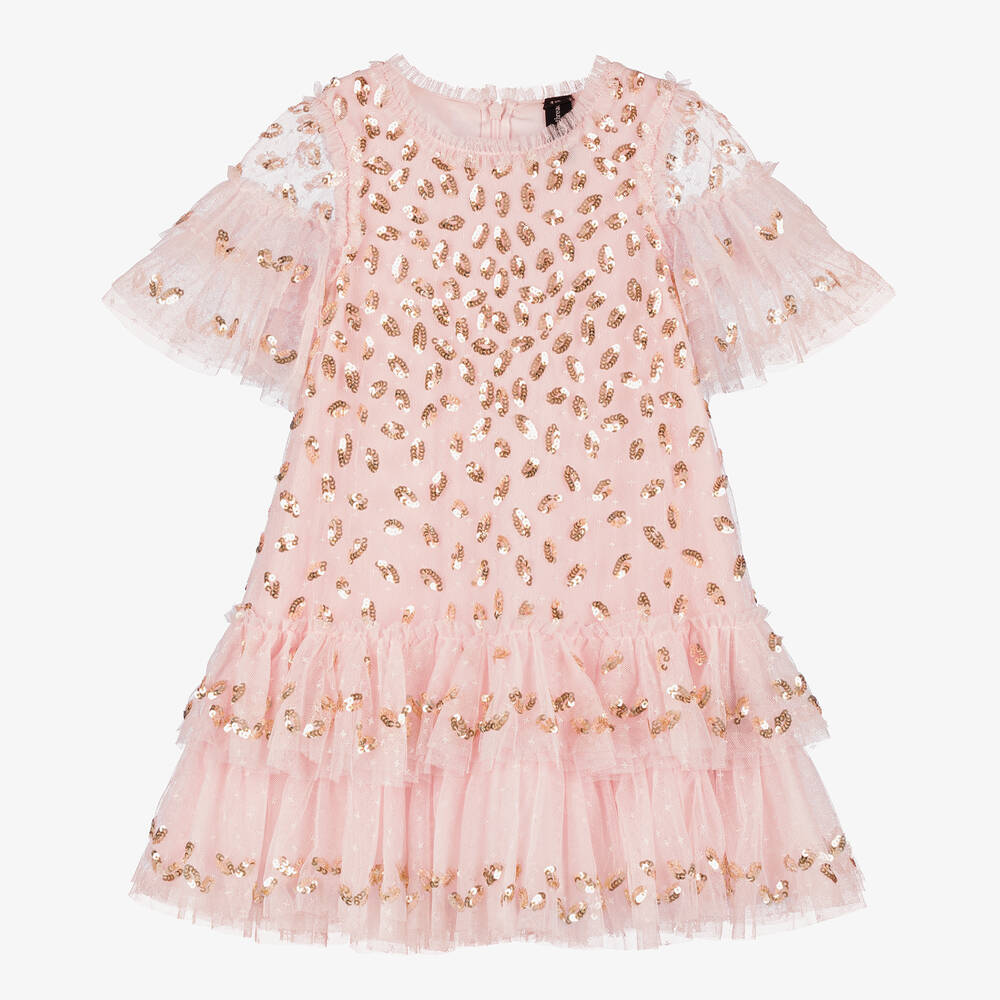 Needle & Thread - Girls Pink Sequin Leaves Tulle Dress  | Childrensalon