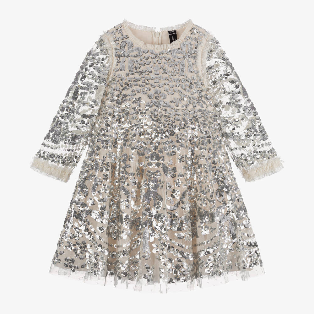 Needle & Thread - Girls Silver Sequin Tulle Dress | Childrensalon