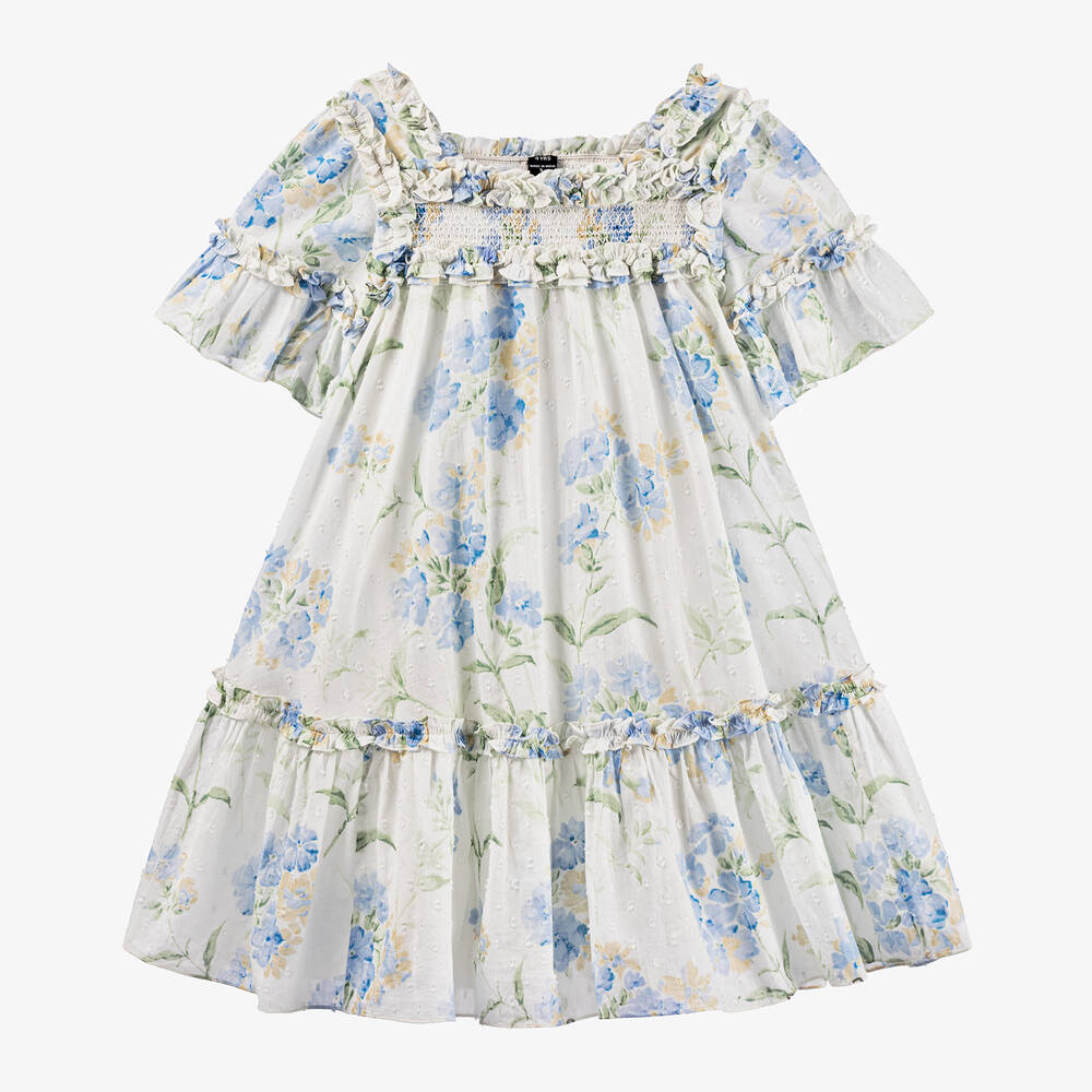 Needle & Thread - Girls White & Blue Floral Cotton Dress | Childrensalon